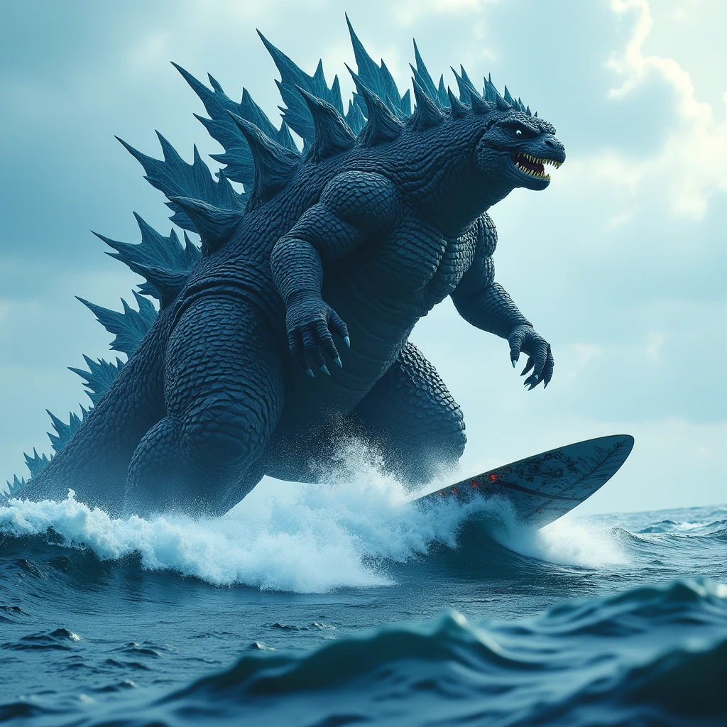 (masterpiece, best quality:1.2),  godzilla surfing, full body shot, detailed surf board, Hi3_godzilla