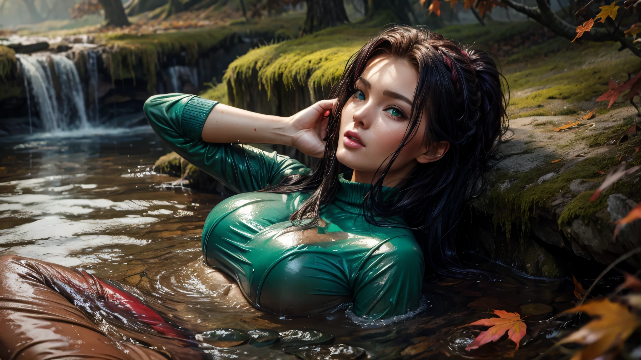 masterpiece, best quality, autumn outfit, colorful hair, outdoor,upper body, colorful autumnal clothes, ((fully clothed)), warm clothes, wet clothes, soaked, drenched, excited, wet hair, wet and slimy, water up to her chest, submerged, fantasy environment, fantasy black forest environment ,fantastical, vivid colors, varied poses, detailed green eyes, beautiful German girl