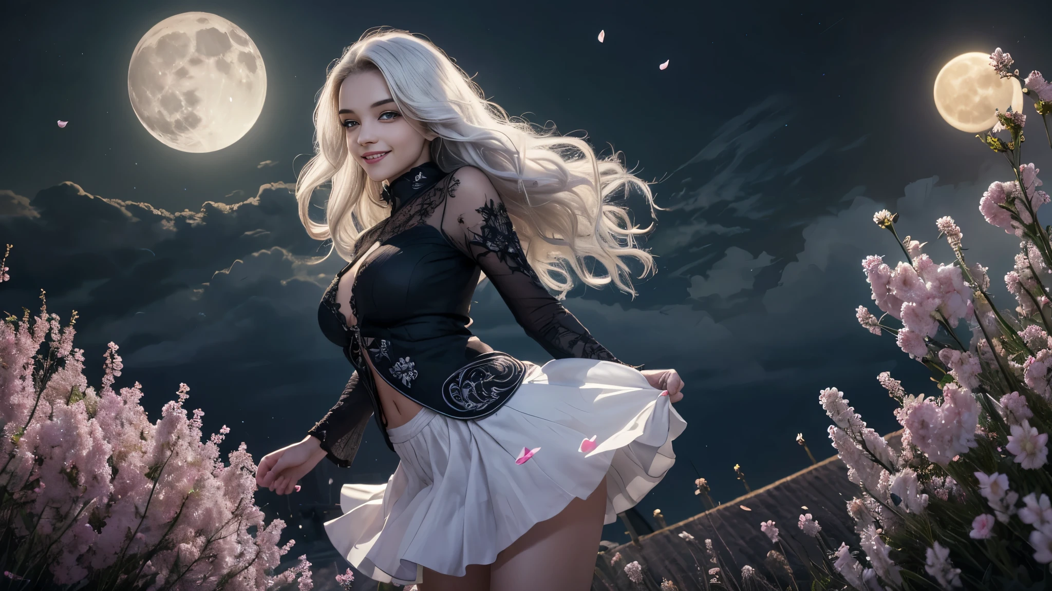 masterpiece, best quality,, 1girl, (colorful),(finely detailed beautiful eyes and detailed face),cinematic lighting,bust shot,extremely detailed CG unity 8k wallpaper,white hair,solo,smile,intricate skirt,((flying petal)),(Flowery meadow), sky, cloudy_sky, building, moonlight, moon, night, (dark theme:1.3), light, fantasy,