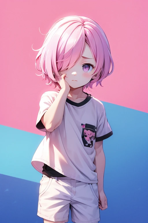 Cute shota boy, white, black, pink, hair covering one eye, cute background, summer outfit 