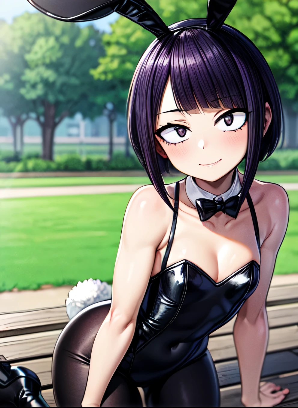 ((best quality)), ((highly detailed)), absurdres, (detailed eyes, deep eyes), (1girl), dynamic pose, cowboy shot, jirou2, purple hair, short hair, bangs, black eyes, long earlobes, small breasts, smiling, bunnysuit, maebari, pasties, bunny ears, cleavage, sleeveless, bare shoulders, pantyhose, high heels, (outside, at a park, trees, path, light post, on a park bench, city in the background, noon)