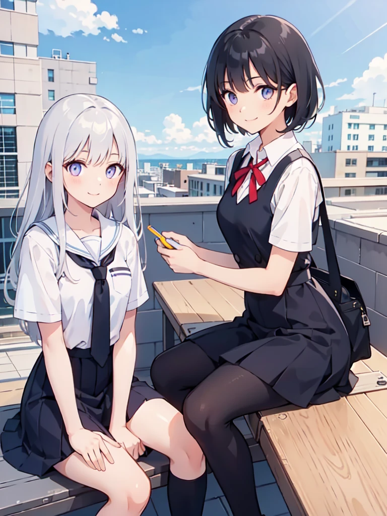 Two beautiful girls, On the right is a high school girl with long silvery white hair and blue-purple eyes.,On the left is a high school girl with short black hair and eyes dressed as a boy., School rooftop, lunch, Sitting,  A light smile, Realistic, Bright colors, high detail, UHD rendering, Perfect composition, Beautiful detailed intricate
