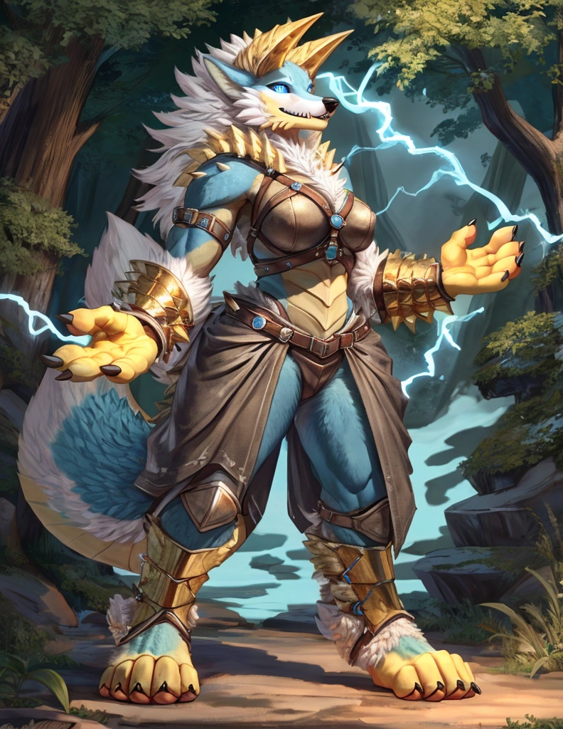 A fusion of a Wolf and a Dragon, Female, Yellow horns, High Quality, 4K, Wolf tail,((full body, Tall, blue eyes, Blue body, white furry, yellow hand, yellow feet, Blue face,4TOES, 4FINGERS, Wolf Mouth, Fluffy Wolf TAIL)),((horns)), Wolf Mouth, sharp teeth, spikes, detailed hands(4Fingers)), ,spikes, DETAILED FEET, , Epic armor, forest, Epic Leather Armor, Leather Armor, thick Harness, Metal Buckle, Druid Armor, Nature Armor, Lighting Eyes, Electricity aura, Leather Belt, Leather Crotch, Heavy Belt, Armored, Crackling Aura, Lighting Skin, 4FINGERS, Ranger Clothes, Ranger Leather, Fluffy Wolf Tail, Relaxed Stance, Casual Stance, Deep Mountain Forest, 