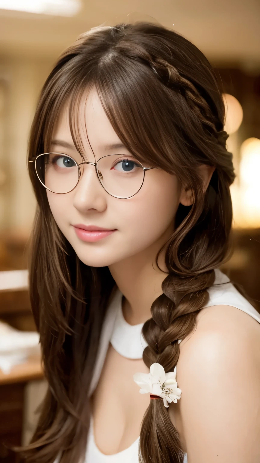 alone, 1 girl, masterpiece, best quality, Extremely detailed, film lighting, intricate details, High resolution, official art, Exquisite and beautiful face and eyes, High resolution插圖, 【8k, deep shadow, overexposure, [blond/brown hair], single braid, blue eyes, Glasses, [complacent, sitting on chair, Upper Body, large breasts, white shirt, Yellow suspenders, Book_stack, 圖Book館, (([Vines)), [Fragrant Rose, looking at the audience