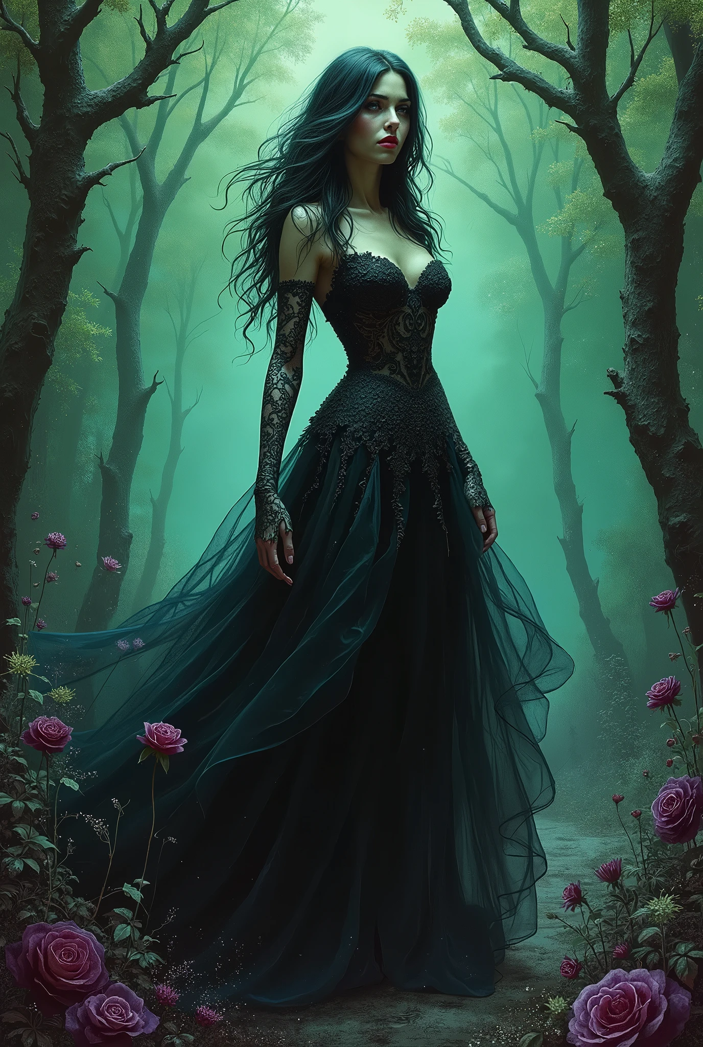 Daphne Odora flower goddess with light grey hair and a big black dress with a long train