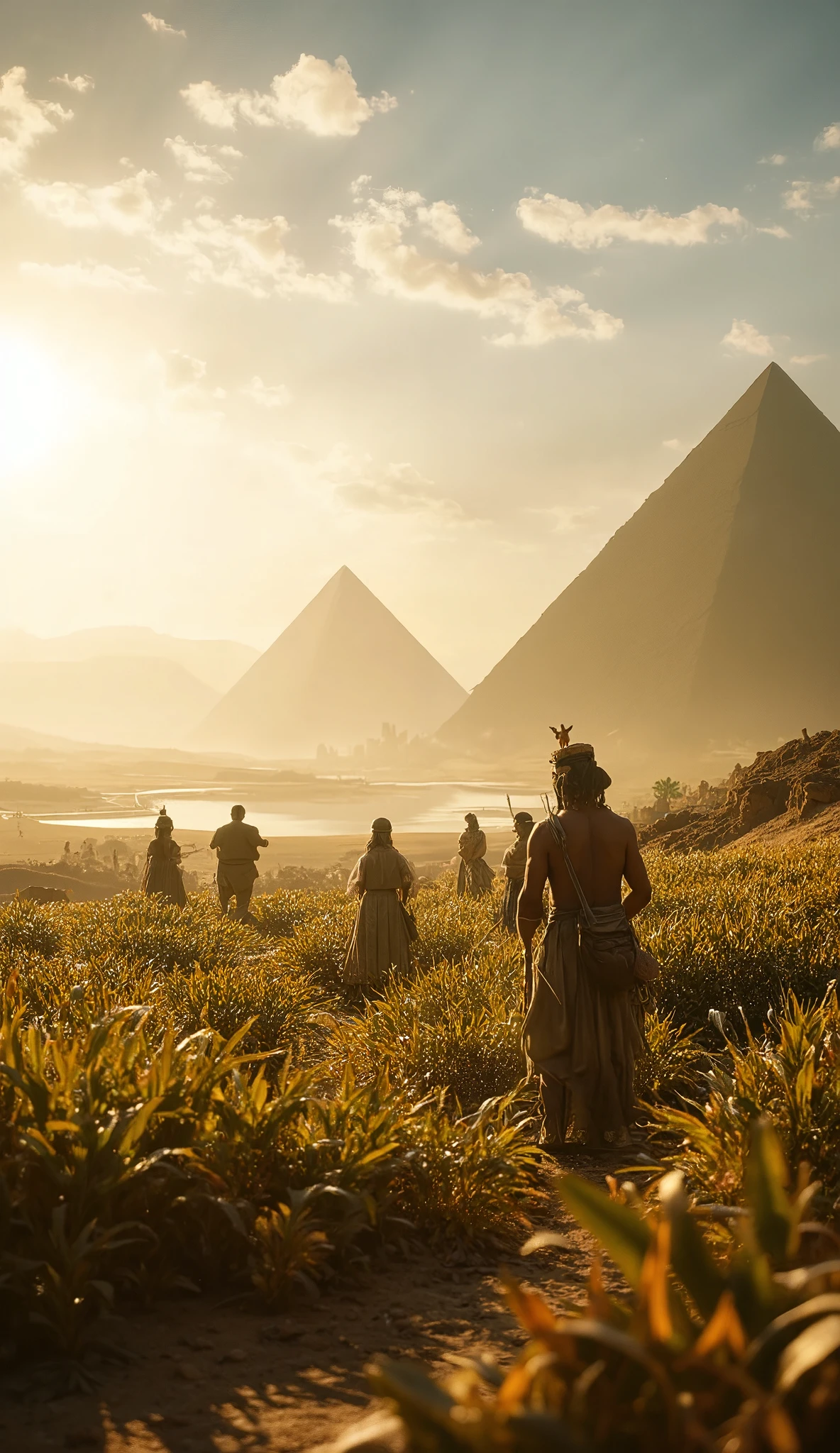 Long time ago in ancient Egypt, a landscape at dawn featuring majestic pyramids in the background and the Nile River reflecting the sunlight. A group of Egyptians working in papyrus fields, wearing traditional clothing and using period tools. The atmosphere is one of tranquility and prosperity, ancient style, historical style, movie-themed, sharp, detailed, epic cinematic photography, artistic style, dramatic cinematic light, cinematic color style, Kodak motion picture film style, cinematography style, standing, outdoors, sky, shallow depth of field, vignette, highly detailed, high budget, bokeh, cinemascope, moody, epic, gorgeous, film grain, grainy, UHD, 4k, ultra-detailed.