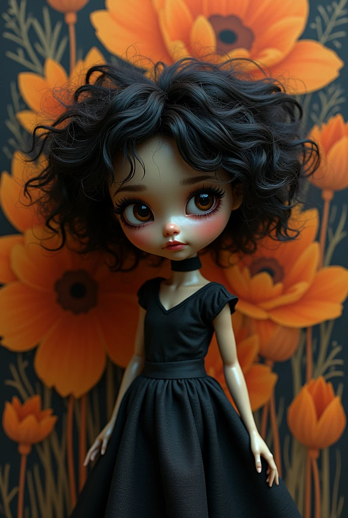 Image of Dolly Treasure doll with short hair, light black hair, tousled hair with waves and dark brown eyes