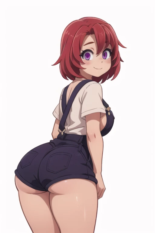 1girl, looking back, booty, blush, amazing, lovely girl, from behind, ((Eft_goblin_cow, ahoge, red hair, (purple eyes:1.1, panties, short hair, curvy, overalls, white shirt, botomless)), best quality, great artwork, sensual image, bouncing ass, (white background, shy, smiling, simple background, clean:0.9), eyes detail, solo, as original, solo, NUDE, big breast
