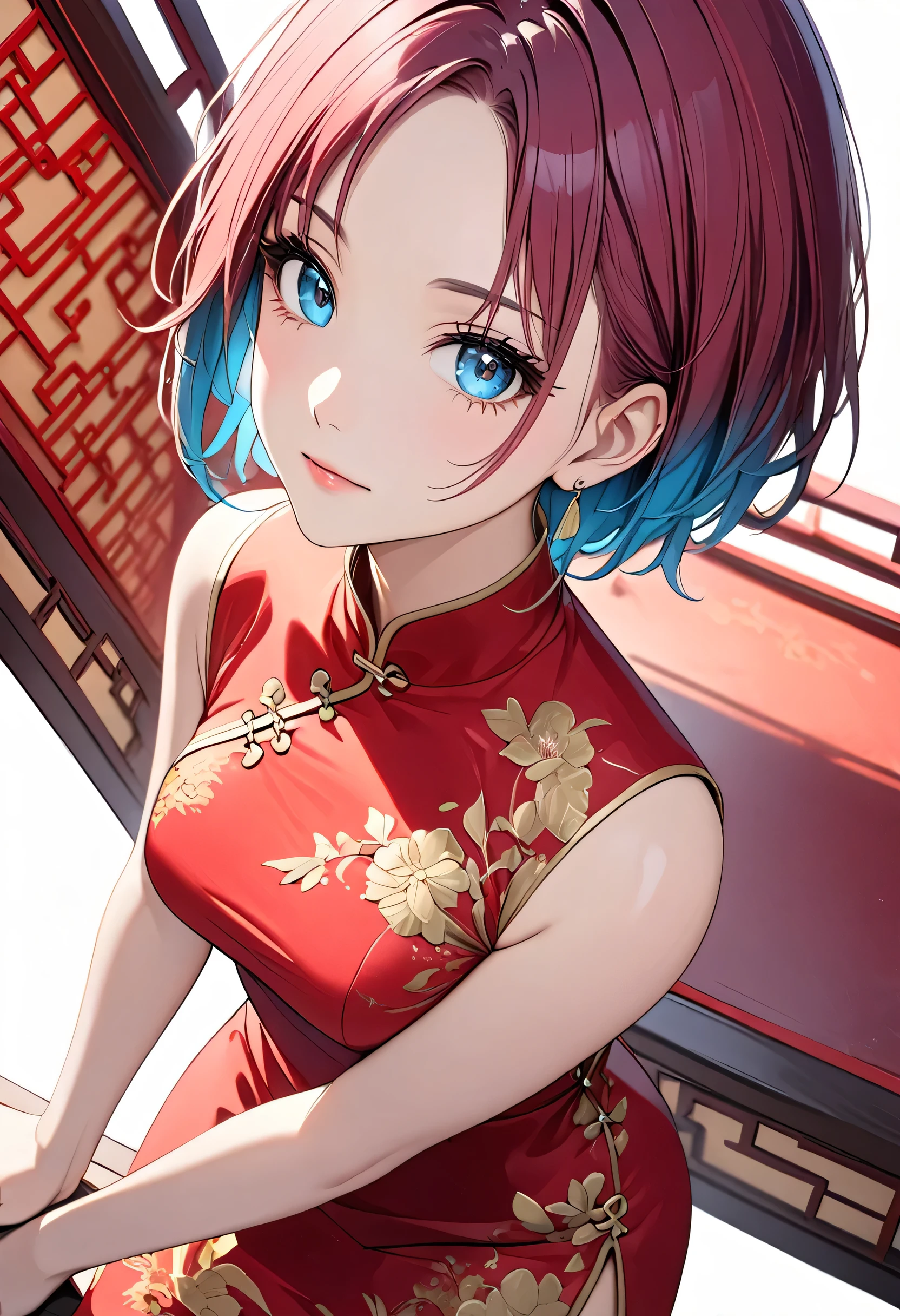 She is wearing a red cheongsam with gold embroidered phoenixes and a short skirt. (8k, best quality, masterpiece:1.2), high quality, ultra high definition, (extremely detailed wallpaper), sharp focus, crisp details, vibrant colors, intricate details, (Tall, slim, with a body shape close to seven heads:1.3), (1girl:1.3), (Alone), (Perfect Anatomy:1.3), (Best Illumination:1.3), animation style, aatoru, (short hair:1.3), (gradient hair:1.3), ahoge, earrings, (low hair volume:1.7), (Parted Bangs:1.3), (forehead:1.3),**bold and rich deep lavender hair**, **saturated lavender hair with gradient:1.5**, shiny hair, BREAK, (Beautiful Face:1.3), cute symmetrical face, (baby face:1.6), Brilliant skin, Pink Lips, shiny skin, (blue eyes:1.3), (beautiful detailed eyes:1.3), meticulous eyelashes, sharp and sparkling pupils, intricate iris with subtle reflections and highlights, high resolution, depth and dimension in the eyes, captivating reflections, subtle color variations, BREAK, (no sleeve), (vibrant crimson china dress:1.7), (modest neckline:1.5), elegant style, **chest coverage**, simple traditional design, BREAK, looking at viewer, face shot, (from above:1.2), (dutch angle:1.3), close-up face shot, soft light on face, BREAK, (Pure white background:1.5),