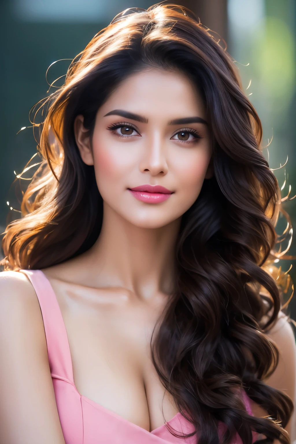 Portrait of Indian most beautiful and attractive woman in her 30s as a beautiful female model, beautiful face, [[Long Brunette Shag with Subtle Highlights]] Her dark hair falls in loose waves around her face, dramatic lighting, trending on art-station, portrait, digital art, modern, sleek, highly detailed, formal, determined, pink liner lipstick, soft lips, black eyes, happy,