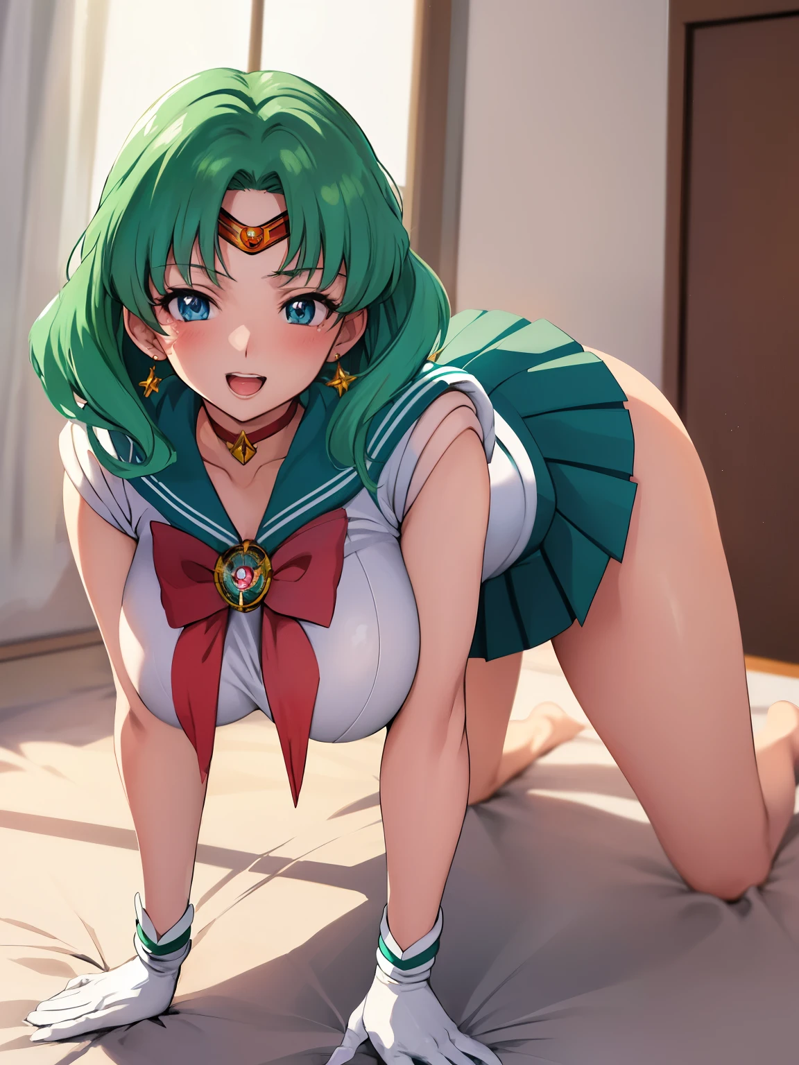 hight resolution, top-quality, ​masterpiece, ultra-quality, The ultra-detailliert,  perfect buttocks、nice butt、s ass、stick out buttocks、Show your ass、squatting and opening legs、Sailor Neptune、Sailor Senshi Uniform、Wearing sweat、full of sweat、full of sperm、Sperm smeared、school classrooms、Eyes from below、White liquid leaks from the crotch、anguished expression、cum in crotch、Sperm leaks from the crotch、