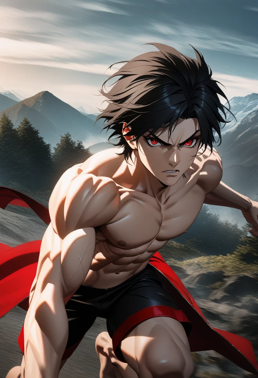 1 men, about 28 years old, Eyes red, serious body, well defined and muscular, short messy black hair, alpha, black backdrop, over the moon, whole body, looking forward.