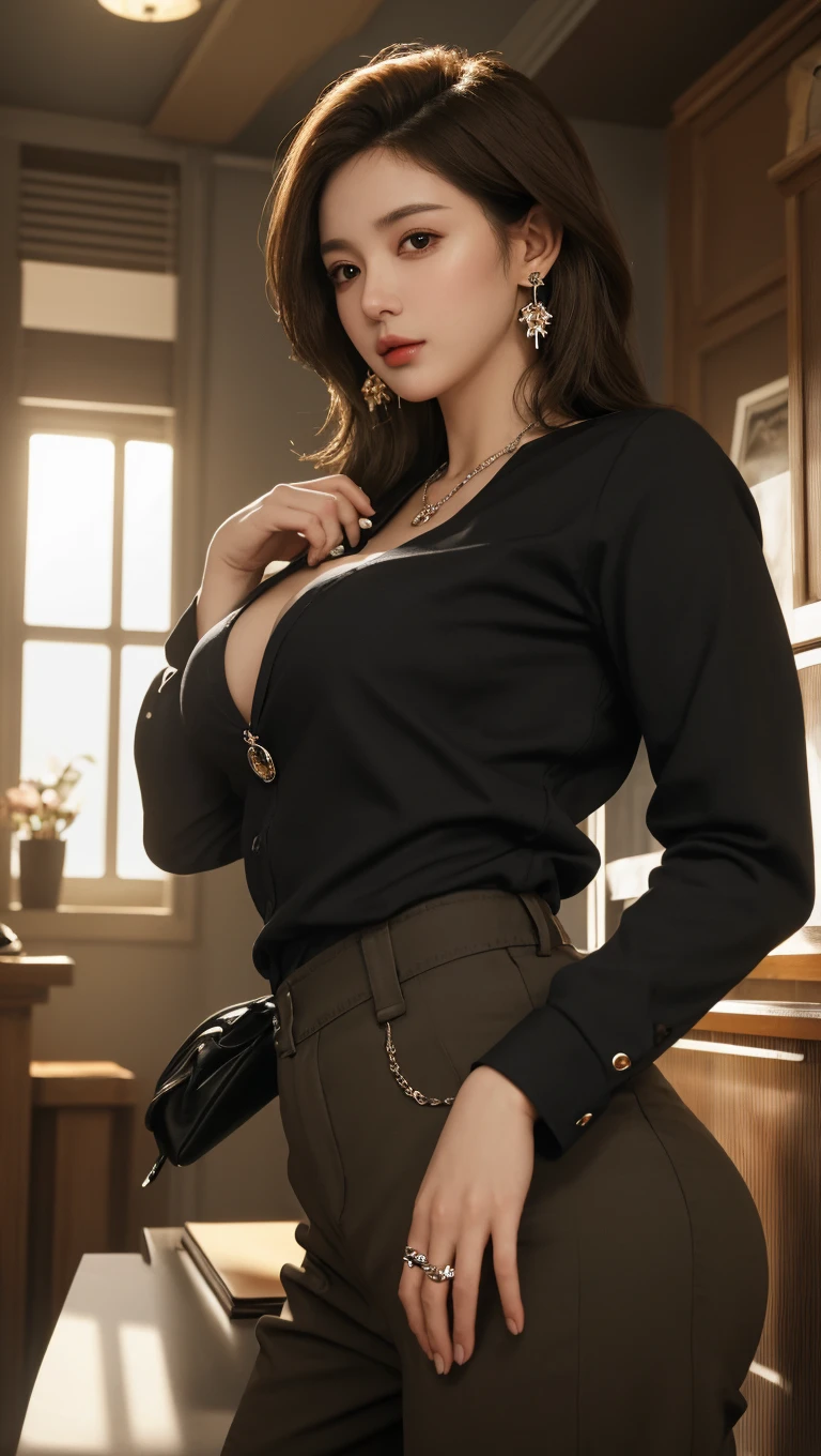 standing inside bathroom, aroused, necklace, earrings, full body, short grey hair, black dress, cleavage, superb, ultra-high-definition, RAW photo, realism: 1.25), (bright lip gloss, long eyelashes, smooth face , bright skin, natural shadows, wide light, wide light, depth of field, strong colors, subtle caustics: 0.8), smile, (big tits), v6