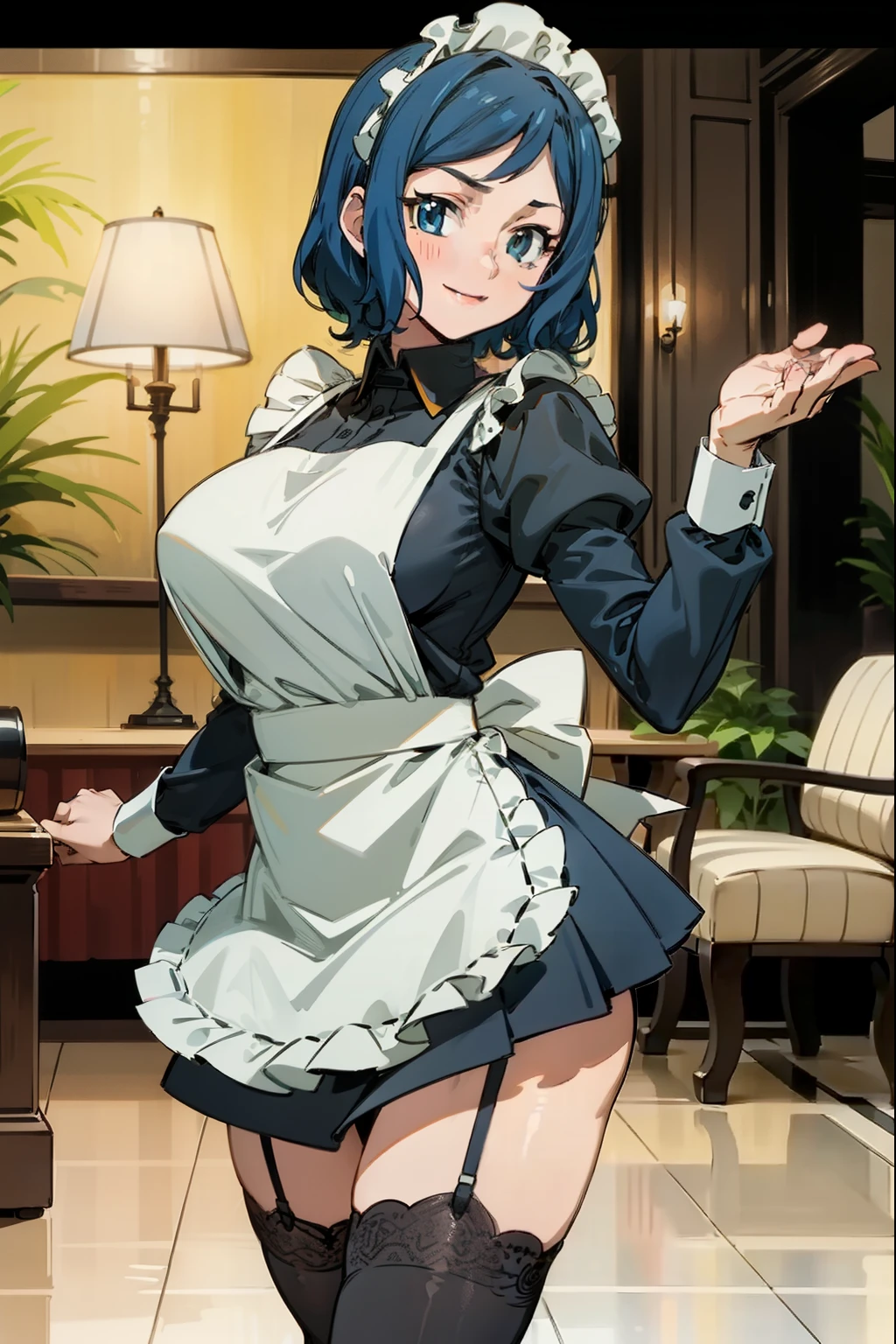 (Masterpiece), Best Quality, ultra-detailed, 1girl (rinko_iori, married woman, Slender and sexy body, Big and pretty breasts, wide hips, dark blue hair, long hair, blue eyes), smile, facing viewer, looking at viewer, solo, sexy maid (black), frill,see-through, apron, maid headdress, micro skirt, garter straps, black lace thighhighs, mansion, in the livingroom, night time, dance, sexy dancing, come-on.