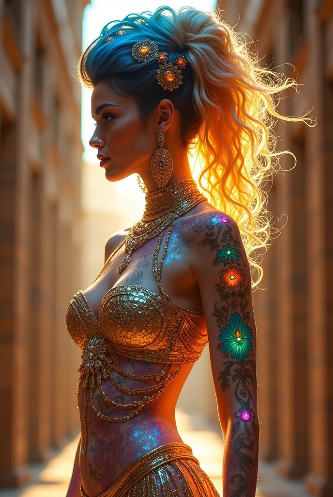Generate a ((detailed hot beautiful girl)). with only glowing radiant tattoo, vibrant in color. ((covering her body)) in a background of a dark pitch with a golden smoke ,using , super fine quality details , high definition , clear clarity in high resolution image 32k hd resolution