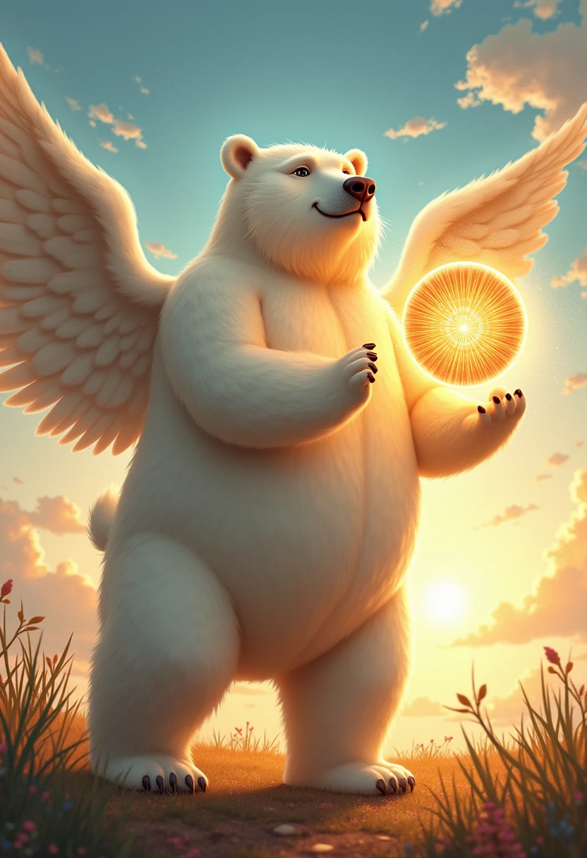 angel, a plump middle-aged polar bear man, angel wings, full body in Michelangelo Buonarroti style, digital illustration anime, character focus, full body, looking away, dynamic angle, BREAK happy, light smile, rushing wind, hold with both hands quantum electromagnetic life form sacred sphere, spinning fly, cute pose, detailed painting landscape, twilight, kaleidoscopic swirls, outdoor, BREAK complete anatomy, perfect proportions, beautiful thigh gap, fluffy body, intricate fur details, beautiful fur texture, BREAK detailed bear tail, detailed toe, 5toes, 5toes nails, beautiful foot, detailed hands, 5fingers, 5fingers nails, BREAK cute face, aesthetic anime face, insanity detailed face, male face, big face, square jawline, aesthetic anime eyes, detailed brown eyes, detailed brown cornea, detailed dark brown irises, detailed pupils, male eyes, big eyes, male eyebrows, innocent look, beautiful beard, BREAK masterpiece, official art, best quality, very aesthetic, absurdres, super fine illustration, great quality, BREAK noise reduction, very highres, large filesize, high quality, 32K, 8k wallpaper, dynamic lighting, BREAK insanity detailed, ultra detailed, intricate details, extremely detailed, detailed texture, an extremely delicate and beautiful, full color, HDR, BREAK e621 uncut tag, Fur Affinity illustration, osukemo, kemohomo, anthropomorphic, furry, cartoon, harmonious, pastoral, virtuous atmosphere 