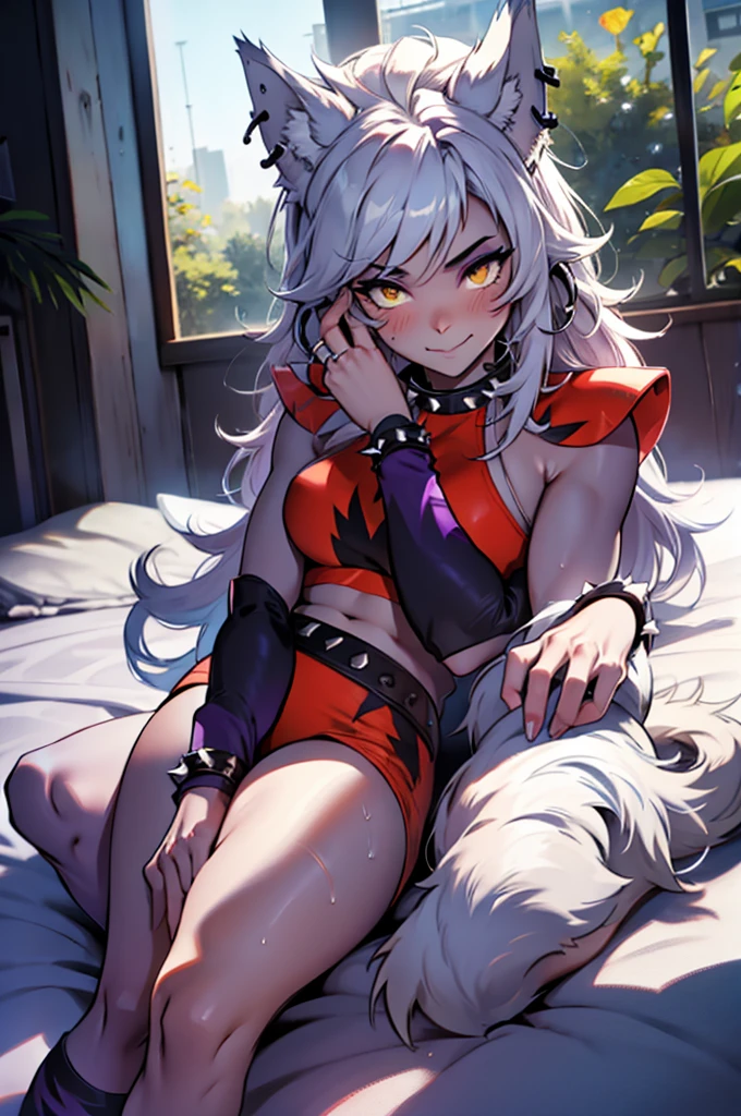(masterpiece, best quality:1.2), cowboy shot, solo, 1girl, fnafroxana, fluffy bitch, body fur, makeup, looking at the viewer, hand on thigh, wolf ears, crop top, collar, spikes, jewelry, ear piercing, bracelet, wolf's tail, smiles, lush breasts, voluminous breasts, firm breasts, visible whole body, sweat, wet with sweat, shin, heels, feet, five fingers, detailed hands, bare feet, in white underwear, white bra, thong, pulls down panties, legs spread, blush, collarbones, thighs, beautiful eyes, expressive eyes, lying on the bed, legs apart, yellow eyes, eye shadow purple