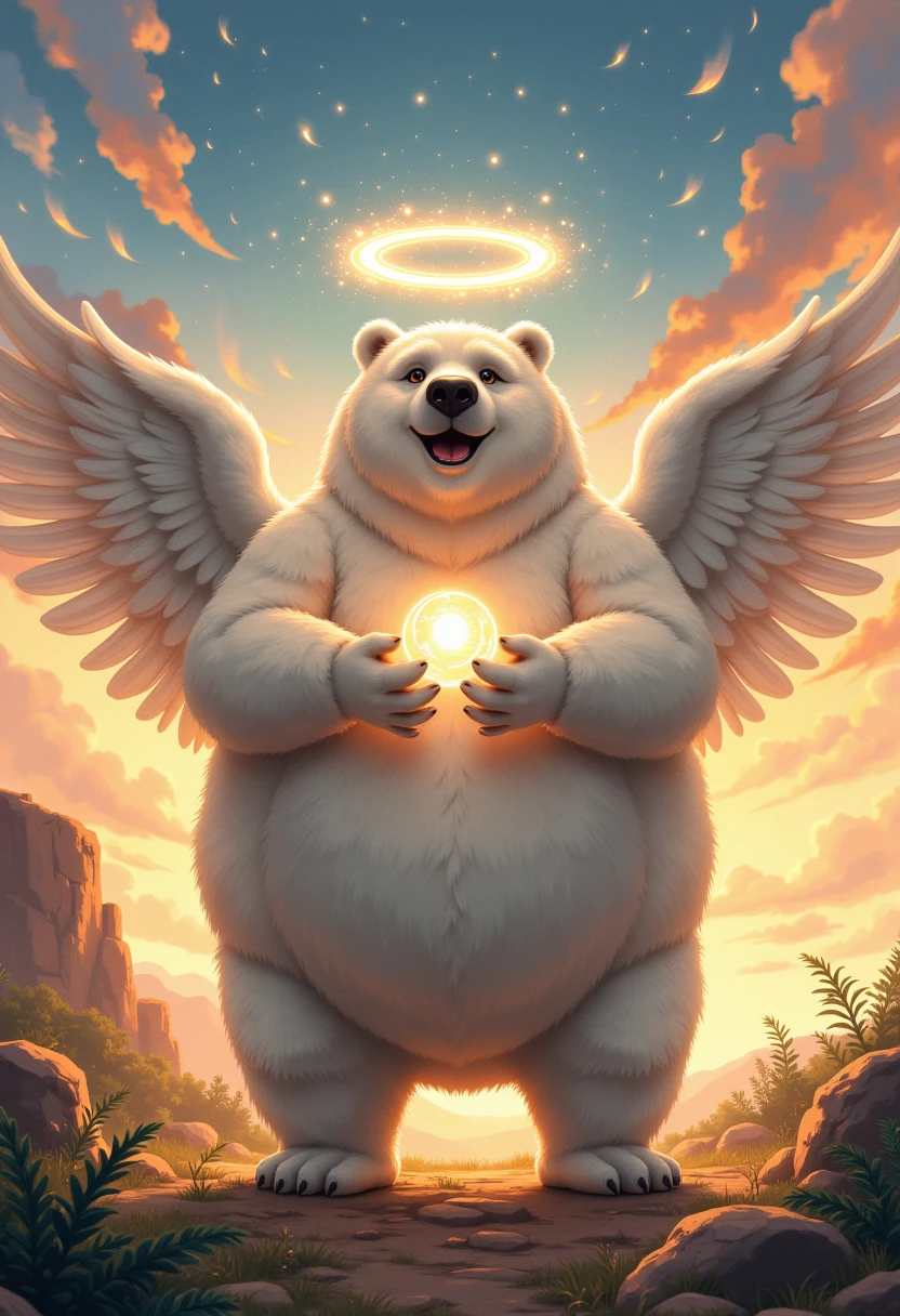 angel, a plump middle-aged polar bear man, angel wings, full body in Michelangelo Buonarroti style, digital illustration anime, character focus, full body, looking away, dynamic angle, BREAK happy, light smile, rushing wind, hold with both hands quantum electromagnetic life form sacred sphere, spinning fly, cute pose, detailed painting landscape, twilight, kaleidoscopic swirls, outdoor, BREAK complete anatomy, perfect proportions, beautiful thigh gap, fluffy body, intricate fur details, beautiful fur texture, BREAK detailed bear tail, detailed toe, 5toes, 5toes nails, beautiful foot, detailed hands, 5fingers, 5fingers nails, BREAK cute face, aesthetic anime face, insanity detailed face, male face, big face, square jawline, aesthetic anime eyes, detailed brown eyes, detailed brown cornea, detailed dark brown irises, detailed pupils, male eyes, big eyes, male eyebrows, innocent look, beautiful beard, BREAK masterpiece, official art, best quality, very aesthetic, absurdres, super fine illustration, great quality, BREAK noise reduction, very highres, large filesize, high quality, 32K, 8k wallpaper, dynamic lighting, BREAK insanity detailed, ultra detailed, intricate details, extremely detailed, detailed texture, an extremely delicate and beautiful, full color, HDR, BREAK e621 uncut tag, Fur Affinity illustration, osukemo, kemohomo, anthropomorphic, furry, cartoon, harmonious, pastoral, virtuous atmosphere 