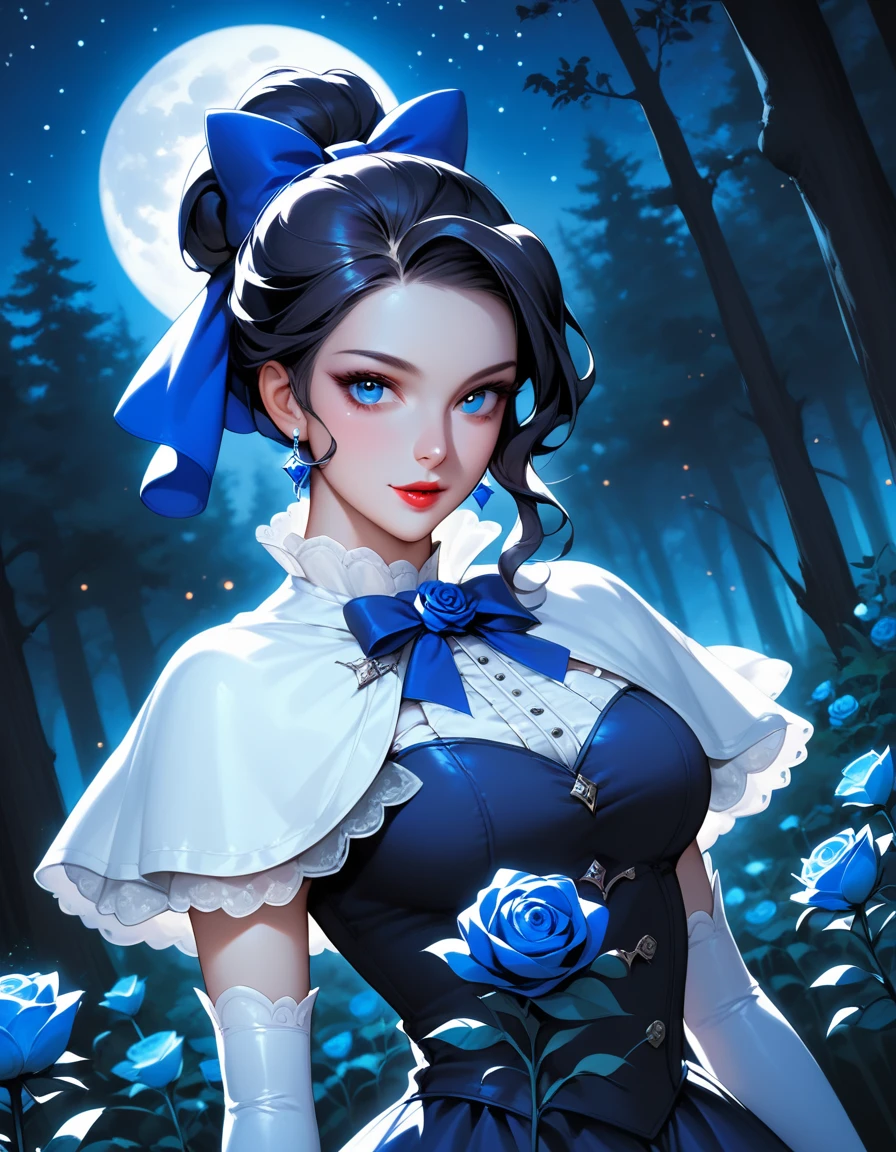 score_9, score_8_up, score_7_up, BREAK 1girl, divabl, blue eyes, black hair, long hair, lipstick, hair bun, ponytail, hair bow, blue flower, blue rose, dress, white capelet, white elbow gloves, frills, outdoors, night, forest, night, moon, starry sky, looking at viewer, cowboy shot, dutch angle, [refraction|caustics|rim lights|backlighting|bloom], 