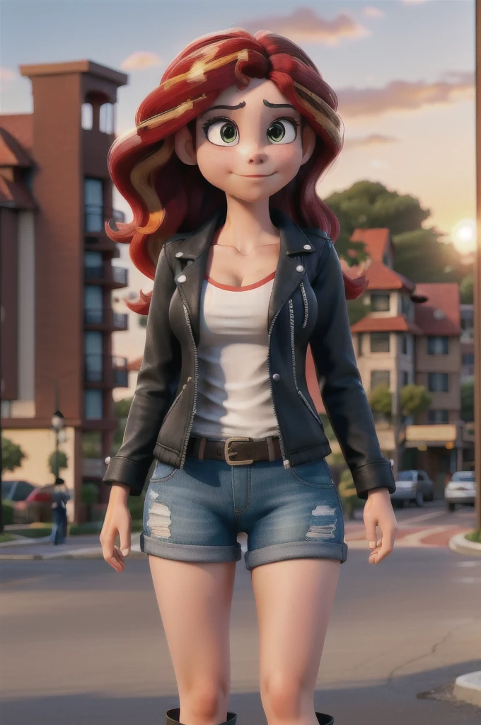 Mulher bonita, ruiva, na rua, olho azul, 3D