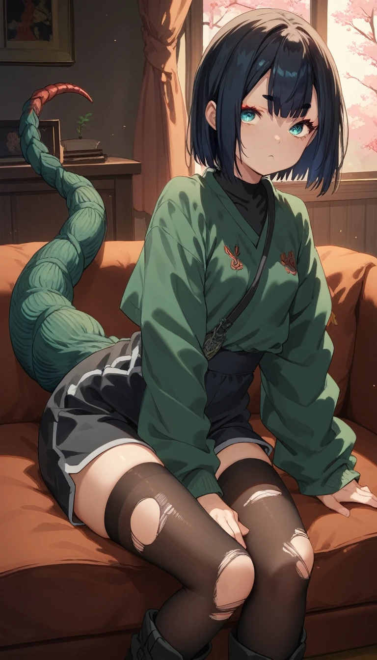 score_9, score_8_up, score_7_up, Shuten, Douji, anime girl with black hair, race tiren, long thin tail with a sharp tip like an arrow, dressed in a top, dressed in tight shorts, torn stockings above the knee, massive boots, cute smiling face, sits on the couch sideways to us, looks at us with a finger to her lips, small voluminous breasts and expressive waist