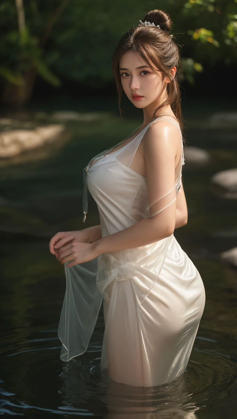 Beauty, 16 years old, full body photo (baroque style), big breasts, deep cleavage (realistic photo) cg, 8k, real, torn white pajamas (shoulder slipped off), bare lower body, belly exposed, stagnant water, lake, (outdoor, Sunny, dark and moody lights: 1.2)