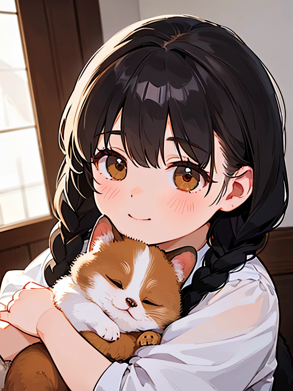 (Best Quality,4K,8k,High resolution,masterpiece:1.2), Very detailed, (Deformed, Realistic, Realistic:1.3)，One ，cute ，Very short，Laugh happily, Brown eyes, Fluffy, Black hair braids，White Dress，，The dog is bigger than the girl......，This dog is an Akita....，犬はFluffy，Dog hugging a girl，Akita dog is holding his girlfriend&#39;s white panties in his mouth:1.8，Autumn rural house and garden background，