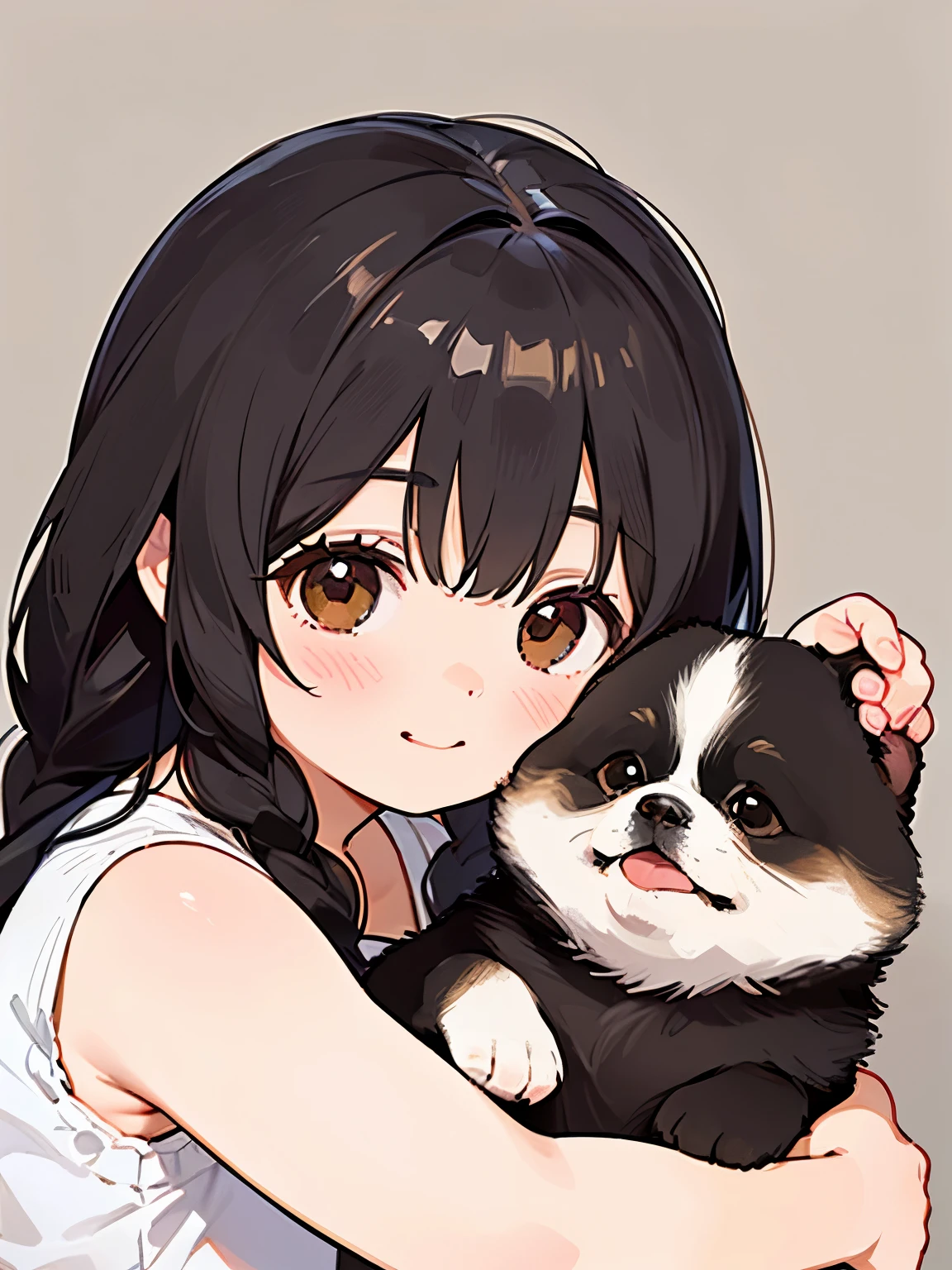 (Best Quality,4K,8k,High resolution,masterpiece:1.2), Very detailed, (Deformed, Realistic, Realistic:1.3)，One ，cute ，Very short，Laugh happily, Brown eyes, Fluffy, Black hair braids，White Dress，，The dog is bigger than the girl......，This dog is an Akita....，犬はFluffy，Dog hugging a girl，Akita dog is holding his girlfriend&#39;s white panties in his mouth:1.8，Autumn rural house and garden background，