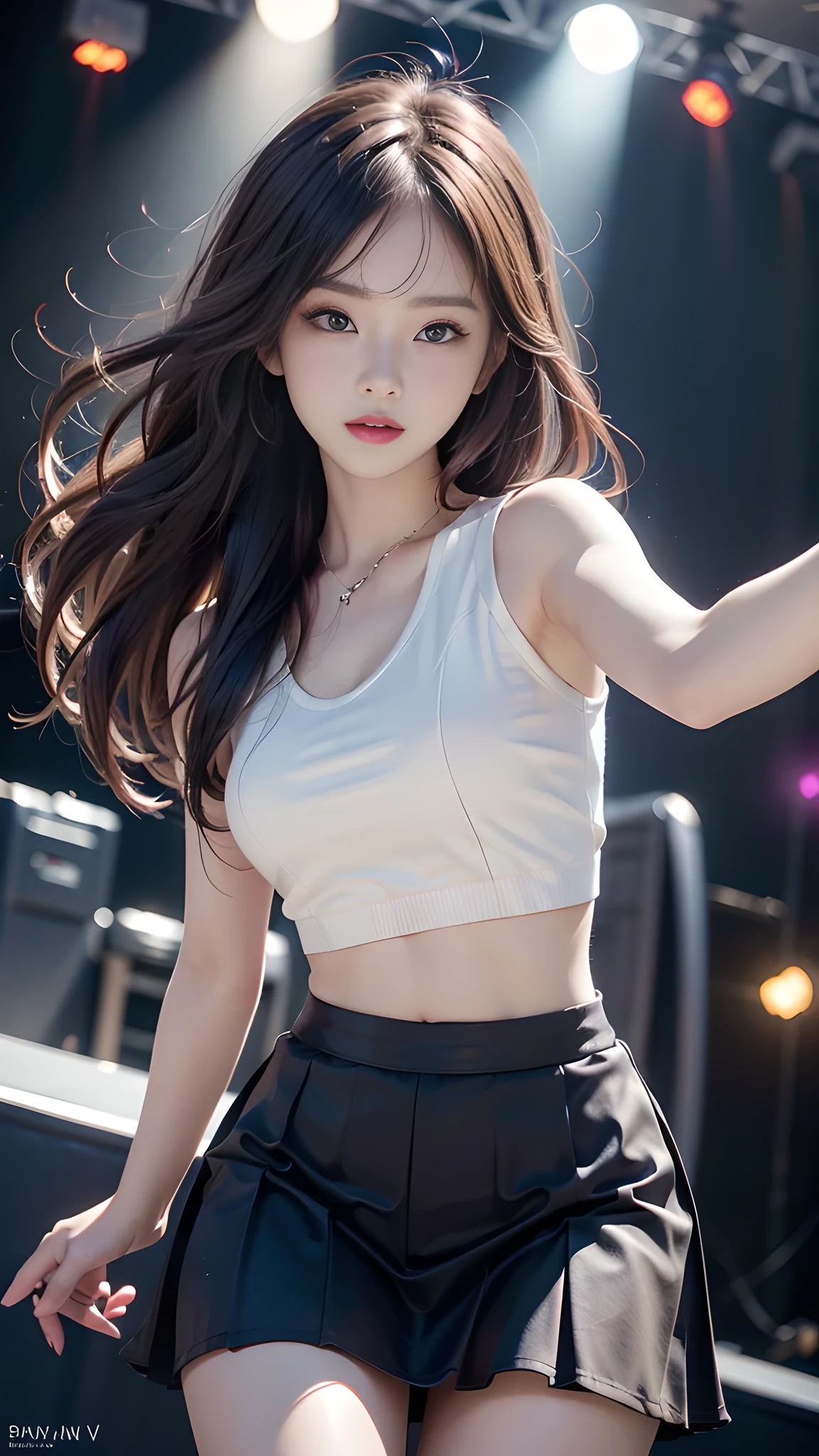 1 female、(super beautiful)、(beautiful face:1.5)、(play the drums:1.3)、(black mini skirt:1.5)、with legs spread、(Please show me your white pants:1.5)、compensate、light brown hair、necklace、on the concert stage、(At SFW:1.3)