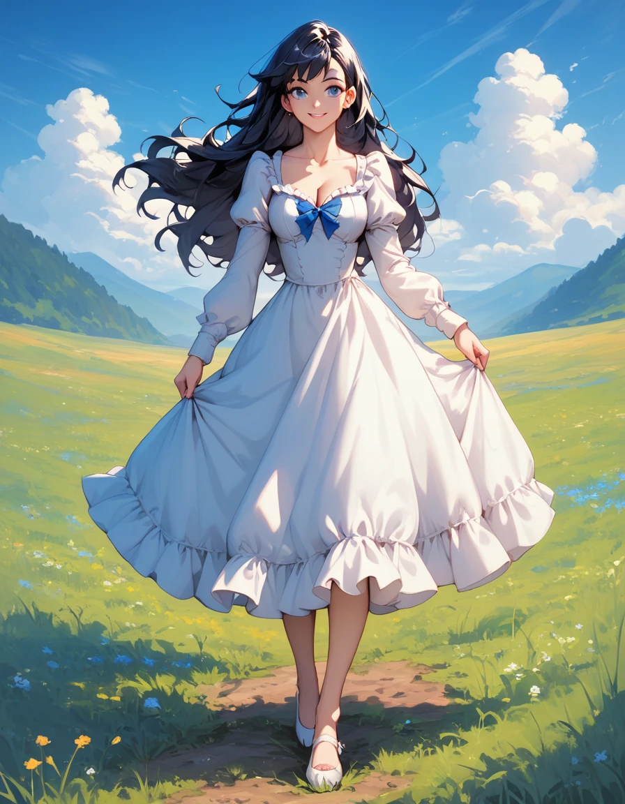 score_9, score_8_up, score_7_up, BREAK 1girl, divabl, blue eyes, black hair, long hair, cleavage, collarbone, long sleeves, puffy sleeves, sundress, full body, standing, smile, looking at viewer, solo, blue sky, grass, moutains background 