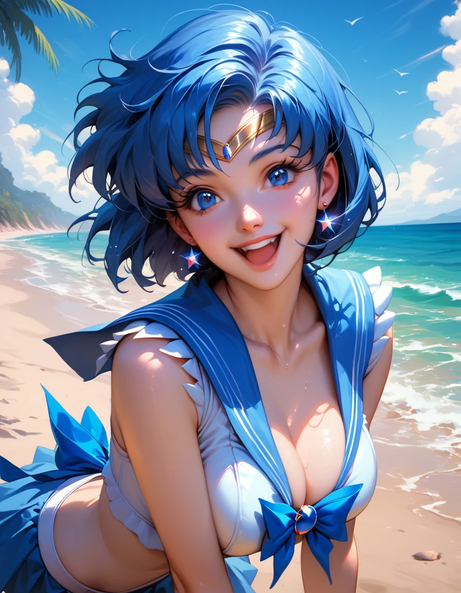 best quality, amazing quality, very aesthetic, absurdres, 1girl, sailor mercury, blue hair, short hair, blue eyes, large breasts, bikini, open mouth, smile, happy, solo, looking at viewer, sea, sand, blue sky, tropical island background 