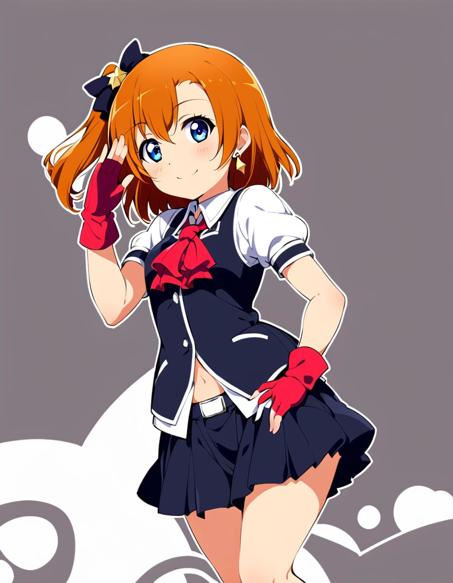 One girl,Kousaka Honoka,By Kanon Shibuya,blue eyes,Alone,gloves,smile,I saw fingerless gloves with only one side up.,orange hair,belly button,,View your viewers,short hair,bow,Red gloves,salute,skirt,jewelry,Earrings,