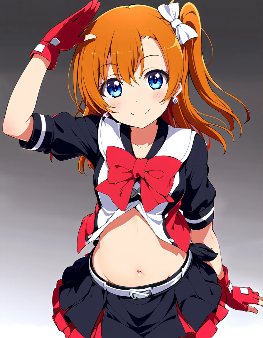 One girl,Kousaka Honoka,By Kanon Shibuya,blue eyes,Alone,gloves,smile,I saw fingerless gloves with only one side up.,orange hair,belly button,,View your viewers,short hair,bow,Red gloves,salute,skirt,jewelry,Earrings,