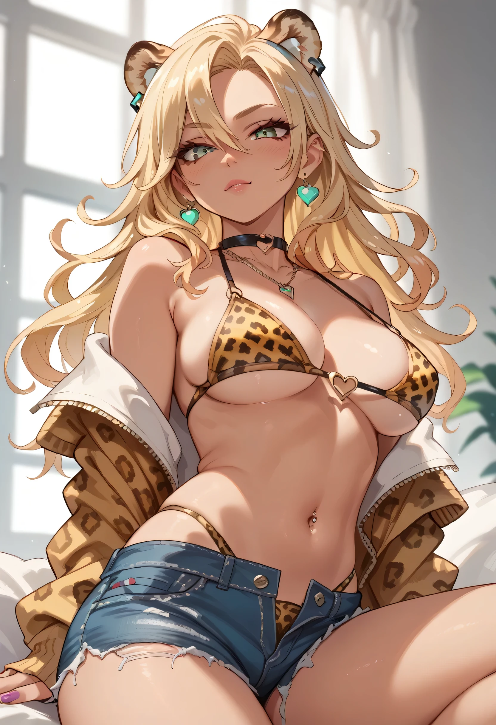 Blonde, gyauru, gyaru, sexy, leopard print bikini, bikini under clothes, panties higher than shorts, jean micro shorts, short shorts, cheetah ears, sexy, giant boobs, breasts, steamy body