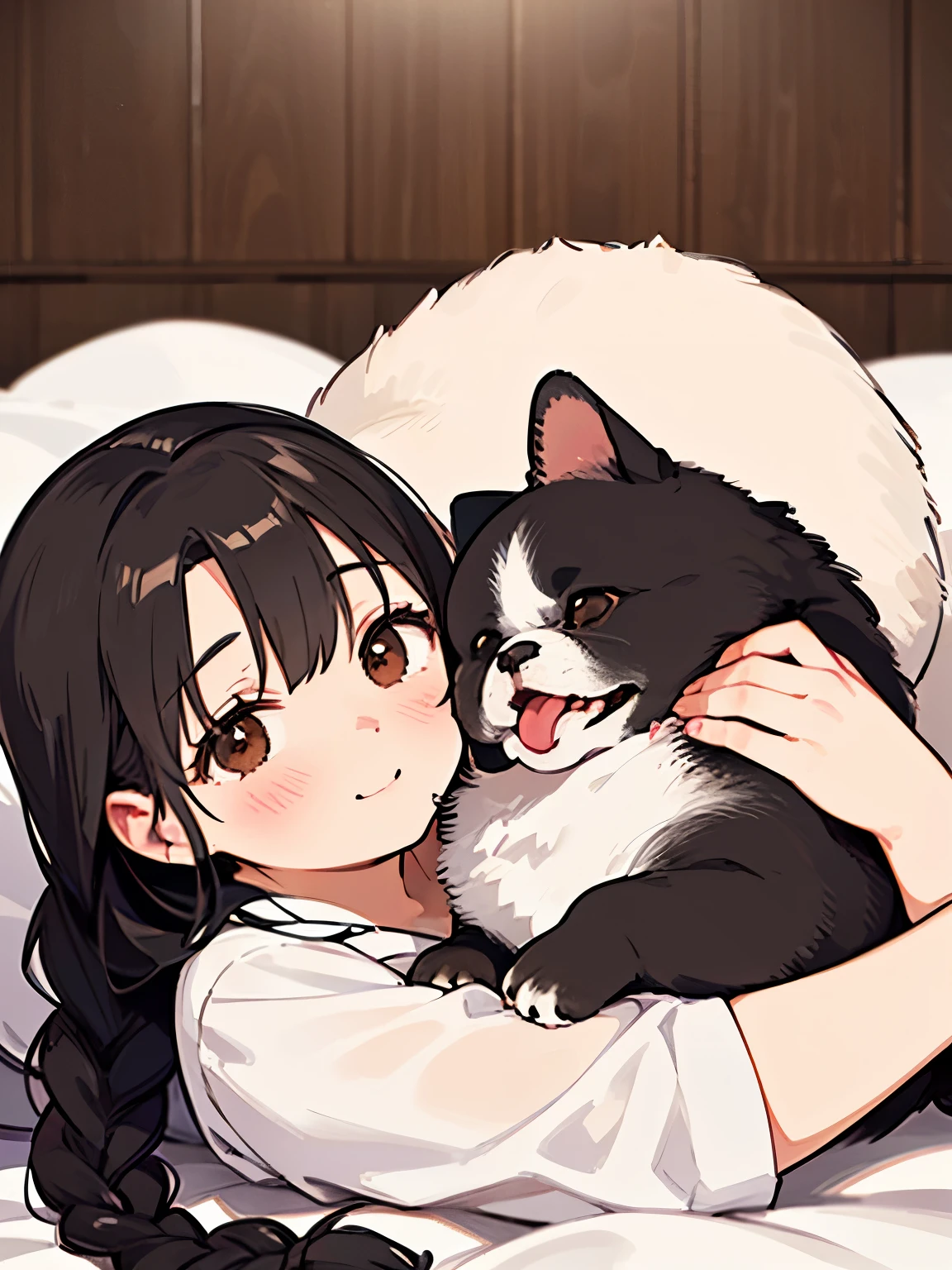 (Best Quality,4K,8k,High resolution,masterpiece:1.2), Very detailed, (Deformed, Realistic, Realistic:1.3)，One ，cute ，Very short，Laugh happily, Brown eyes, Fluffy, Black hair braids，White Dress，，The dog is bigger than the girl......，This dog is an Akita....，犬はFluffy，Dog hugging a girl，Akita dog is holding his girlfriend&#39;s white panties in his mouth:1.8，Autumn rural house and garden background，