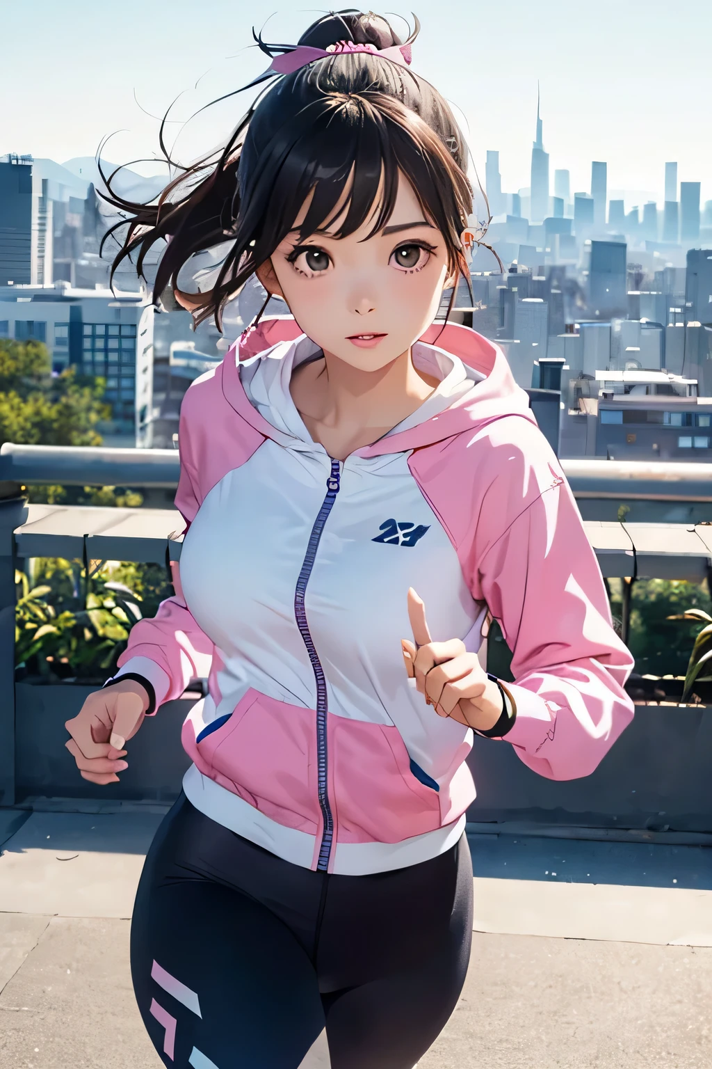 ((worst quality, low quality)), ((Close-up)), (with a girl:1.2), (black haired, shortcut:1.3), (running:1.2),plump and glossy lips, beautiful eyes, (open your mouth,Dye your cheeks red),  (perfect hands:1.2), (pink theme:1.5), (Wear long sleeves (pink hoodie with Zip Up) that&#39;s all [[Black innerwear]]:1.4), (Zip Up:1.5), ((emphasize cleavage, clavicle):1.2), (tight (Pink leggings:1.2):1.4), (espadrilles:1.2),low angle shot, Sunrise sky, (Banking Background), table top,highest quality,super detailed, masterpiece,