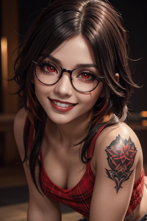 masterpiece, best quality, 8K wallpaper, HDR, octane rendering. A girl with glasses:1.6, with a black cropped t-shirt, pleated plaid mini skirt, sandals, (Short messy hair with long sides, hair with red highlights, shiny black hair:1.2), (Beautiful and detailed face with perfect symmetry), (Eyes large, bright eyes), (Beautiful and detailed red eyes:1,2), (soft lips, lipstick, crazy smile, teeth:1,2), medium breasts, body covered in tattoos, (body with perfect anatomy, natural texture perfect, high details, glowing skin) cinematic lighting, vivid colors, detailed illustration, depth of field.