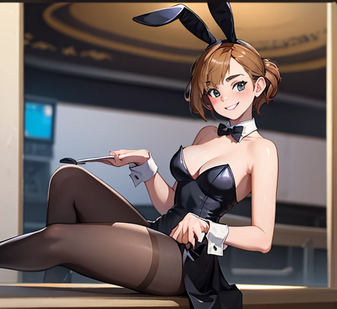 slender, mature female, card, fishnets, fishnet_legwear, animal_ears, playing_card, bunnysuit, rating:safe, bunny_ears, long_hair, leotard, pantyhose, breasts, bow, 1girl, detached_collar, holding_card, bowtie, strapless, black_leotard, solo, gloves, black_bow, black_neckwear, strapless_leotard, bare_shoulders, wrist_cuffs, looking_at_viewer, cleavage, fake_animal_ears, elbow_gloves, black_gloves, black_hair, bangs, bunny_girl, black_hairband, brown_eyes, large_breasts, cowboy_shot, eyebrows_visible_through_hair, hairband, fake_tail, heart, bunny_tail, brown_hair, tail, closed_mouth, from_above, sidelocks, medium_breasts, holding, standing, collarbone, checkered