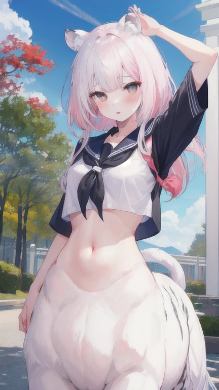 (best quality, masterpiece), 1 girl, centaur, I beg, White skin, Japanese schoolgirl,daughter,black pink, exposing the abdomen, belly button t-shirt , beautiful girl perfect, White tiger photo, Perfect desert photo
