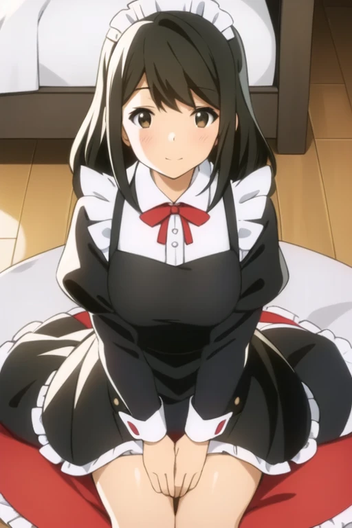 masterpiece, best quality, 1girl, solo,
<lora:ichijou_hotaru_nonnonbiyori:0.8> ichijou_hotaru_nonnonbiyori, ichijou hotaru, brown eyes, black hair, long hair, hair between eyes, sidelocks, large breasts, 
indoors, maid, maid headdress, collarbone, frills, miniskirt, frilled skirt, apron, frilled apron,
looking at viewer,
all fours, 
blush, smile, :d,