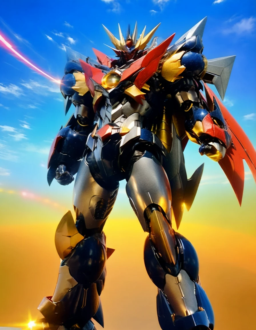 Humanoid Mecha, Fully enclosed shoulder guards, Matching arm and leg guards, whole body, Full Armor, Super Robot, Robust and agile design, (The main colour is white.、Red and blue accents。, The concept was inspired by super robots,Mazinger Z Chest Armor, Temporarily stop, Standing, Floating above a futuristic sci-fi city), A sophisticated and mature art style, (Aura Effect, Energy, glowing eyes, Armor Shines), ((ＳＲＳ)), metallic, , Anatomically correct, Symmetrical face, Very detailedな目と顔, High quality eyes, creativity, RAW Photos, 超High resolution, 32K, Natural Light, Cinema Lighting, masterpiece-anatomy-perfect, masterpiece:1.5　dramatic, High resolution, Please redeem, High resolution, Very detailed, Fine detail, Very delicate, professional, Perfect Body professional Potion, Anatomically correct, Symmetrical face, Very detailed目と顔, High quality eyes, creativity, RAW Photos, 超High resolution, 32K, Natural Light, Cinema Lighting, masterpiece-anatomy-perfect, masterpiece:1.5