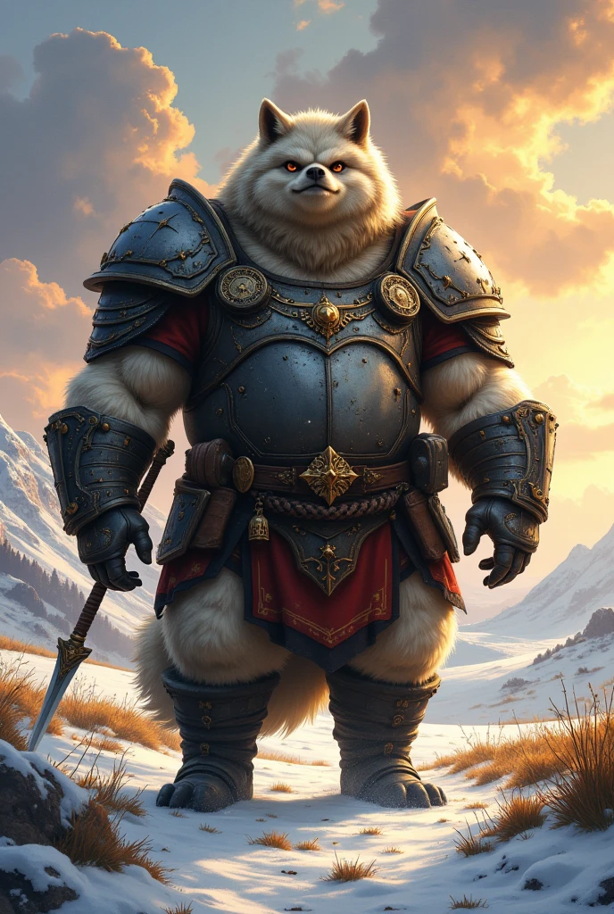 barbarian, a plump middle-aged wolf man, full body in Michelangelo Buonarroti style, digital illustration anime, character focus, full body, looking away, dynamic angle, BREAK brief, breast plate, helmet, dynamic pose, detailed painting landscape, evening, snow field, path, outdoor, BREAK complete anatomy, perfect proportions, beautiful thigh gap, fluffy body, intricate fur details, beautiful fur texture, BREAK detailed wolf 1tail, detailed toe, 5toes, 5toes nails, beautiful foot, detailed hands, 5fingers, 5fingers nails, BREAK aesthetic anime face, insanity detailed face, male face, big face, square jawline, aesthetic anime eyes, detailed brown eyes, detailed brown cornea, detailed dark brown irises, detailed pupils, male eyes, big eyes, male eyebrows, innocent look, beautiful beard, BREAK masterpiece, official art, best quality, very aesthetic, absurdres, super fine illustration, great quality, BREAK noise reduction, very highres, large filesize, high quality, 32K, 8k wallpaper, dynamic lighting, insanity detailed, ultra detailed, intricate details, extremely detailed, detailed texture, an extremely delicate and beautiful, full color, HDR, BREAK e621 uncut tag, Fur Affinity illustration, osukemo, kemohomo, anthropomorphic, furry, cartoon, harmonious, pastoral, virtuous, epic atmosphere