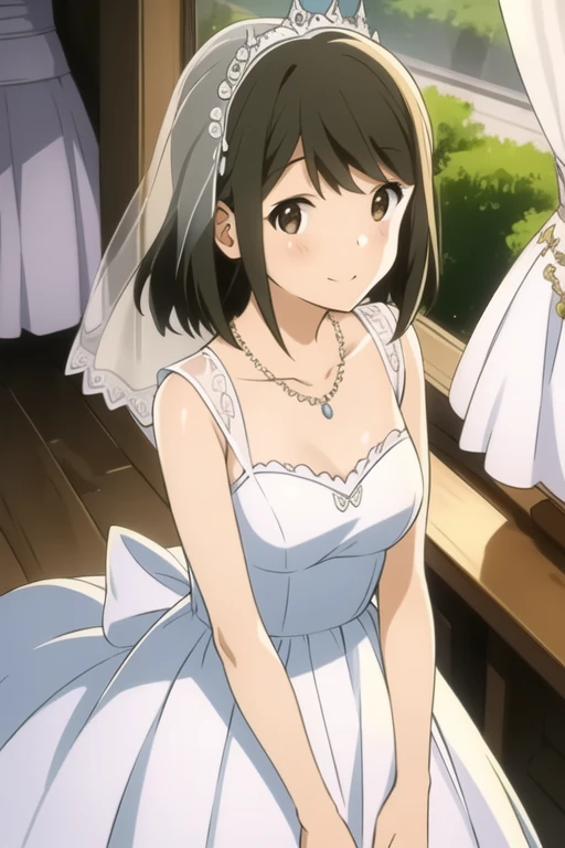 <lora:ibara_mayaka_v17-000004:0.8>, masterpiece, best quality, ibara_mayaka, solo, closed mouth, blush, smile, bare shoulders, breasts, white dress, wedding dress, holding rose bouquet, cowboy shot