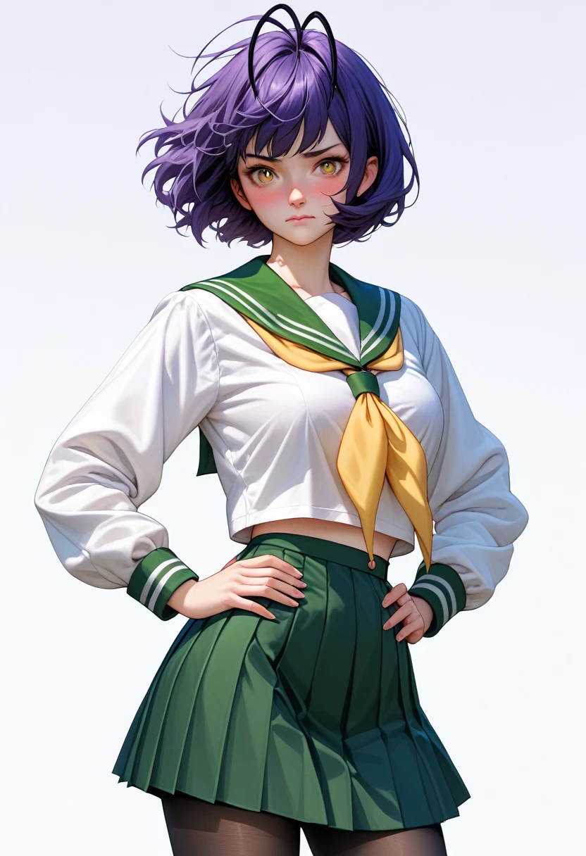 best quality, amazing quality, very aesthetic, absurdres, 1girl, hiiragiutena, dark purple hair, antenna hair, bangs, short hair, yellow eyes, closed mouth, white shirt, green sailor collar, green pleated long skirt, loafers, long sleeves, black pantyhose, yellow neckerchief, school uniform, serafuku, hands on hips, standing, embarrassed, blush, looking at viewer, solo, simple background, white background 