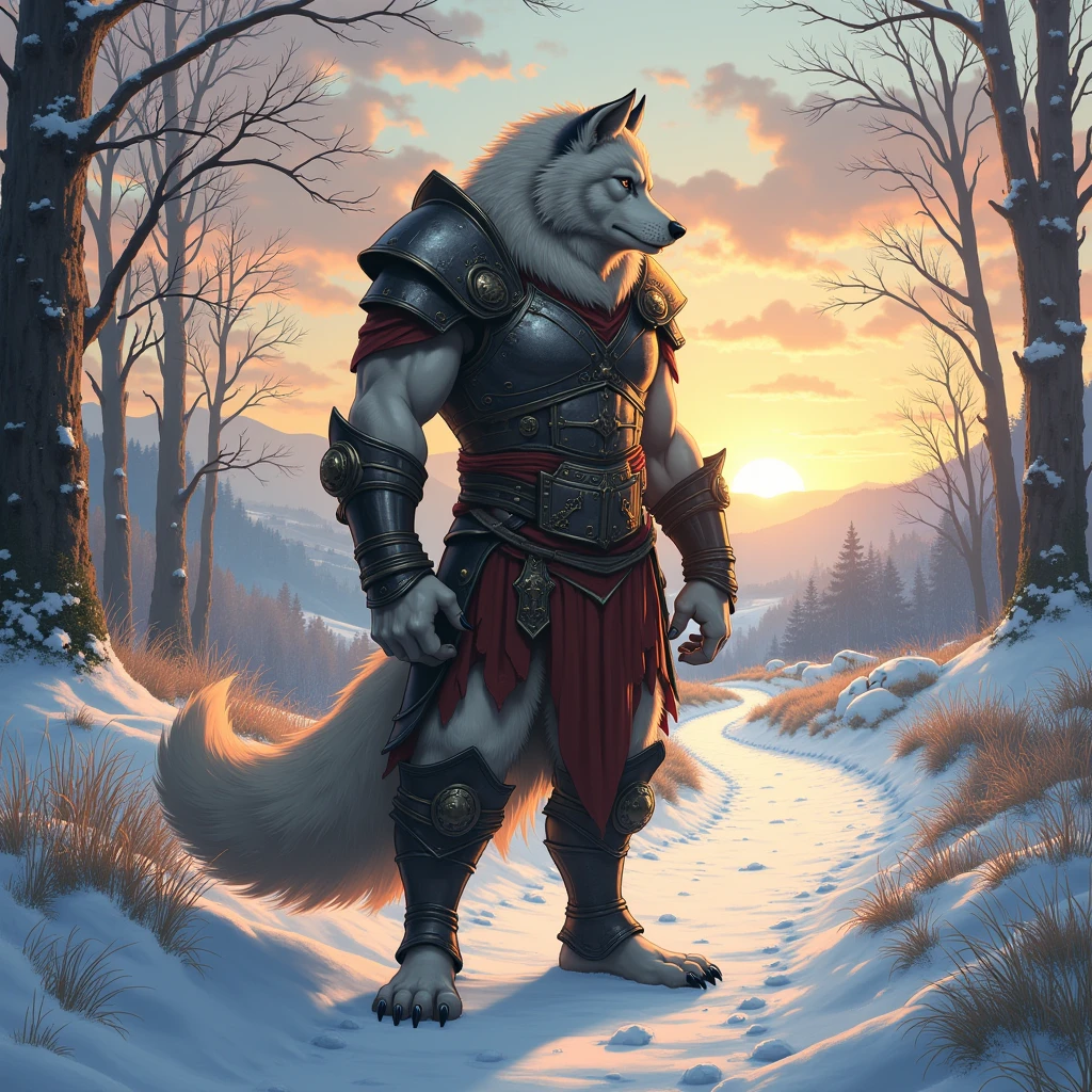 barbarian, a muscular middle-aged wolf man, full body in Michelangelo Buonarroti style, digital illustration anime, character focus, full body, looking away, dynamic angle, BREAK brief, breast plate, helmet, dynamic pose, detailed painting landscape, evening, snow field, path, outdoor, BREAK complete anatomy, perfect proportions, beautiful thigh gap, fluffy body, intricate fur details, beautiful fur texture, BREAK detailed wolf 1tail, detailed toe, 5toes, 5toes nails, beautiful foot, detailed hands, 5fingers, 5fingers nails, BREAK aesthetic anime face, insanity detailed face, male face, big face, square jawline, aesthetic anime eyes, detailed brown eyes, detailed brown cornea, detailed dark brown irises, detailed pupils, male eyes, big eyes, male eyebrows, innocent look, beautiful beard, BREAK masterpiece, official art, best quality, very aesthetic, absurdres, super fine illustration, great quality, BREAK noise reduction, very highres, large filesize, high quality, 32K, 8k wallpaper, dynamic lighting, insanity detailed, ultra detailed, intricate details, extremely detailed, detailed texture, an extremely delicate and beautiful, full color, HDR, BREAK e621 uncut tag, Fur Affinity illustration, osukemo, kemohomo, anthropomorphic, furry, cartoon, harmonious, pastoral, virtuous, epic atmosphere