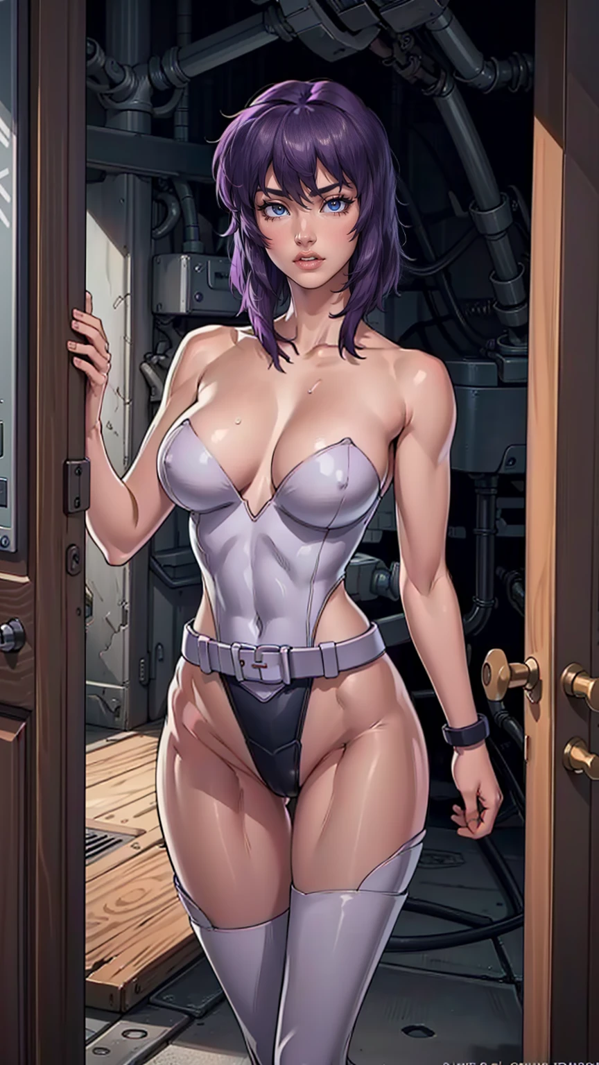 Hyper realistic super detailed sexy Kusanagi Motoko, Very detailed, expressions faciales sexy, seductive facial expressions, [:(Face detail: 1.4): 0.4], 16K resolution, 4k resolution, dinamic lighting, High definition resolution, (hyper realistic: 1.4),(contrasting background: 1.5), (Anatomy of the hyperrealistic arm), (Hyperrealistic anatomy of the legs), (peau propre), (lighting cinematic: 1.7), (intime), (Technologie NVIDIA RTX Ray Tracing), (Anatomy of the hyperrealistic arm: 2), (Ventre plat parfait), (image couleur), Kusanagi Motoko  ,breasts, cleavage, blush, medium breasts, open door, pov doorway, opening door, door, doorway, bangs, looking at viewer, collarbone, phone, solo focus, indoors, sweat, pov, no bra, cellphone, Kusanagi Motoko, short hair, purple hair, large breasts, cleavage, leotard, highleg leotard, bare shoulders, white belt, thighhighs,