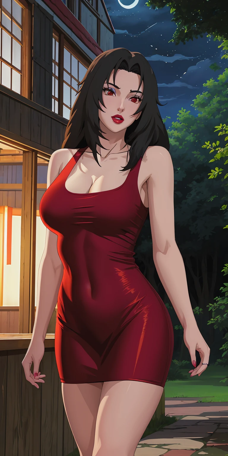 masterpiece, best quality, extremely detail 8k cg, high resolution, 1girl, mature female, RedTankTop_KurenaiYuhi_ownwaifu, 1girl, black hair, long hair, lipstick, makeup, red eyes, red lips, medium breasts, lips, cleavage, red dress, short dress, collarbone, tank top, bare shoulders, wedding ring, collarbone, titsonastick, beautiful face, night time, konohavillage, outdoors, forest