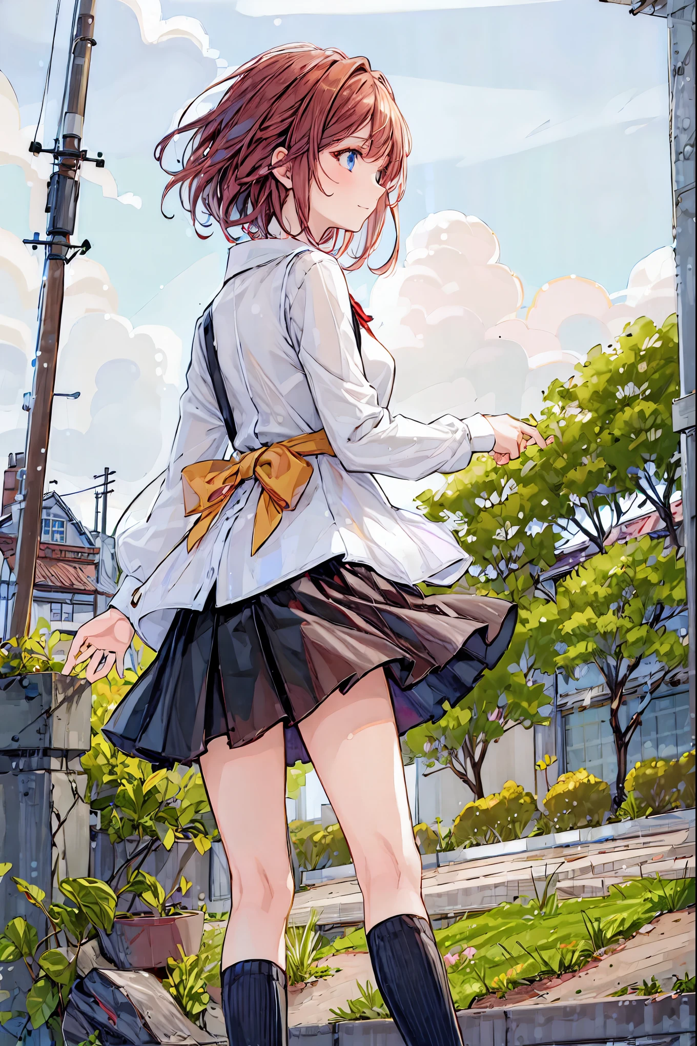 8K,1People Girls,highest quality,Shortcuts,Disheveled Hair,high school girl,(((Armpits are visible through the sleeves))),((Her pants are a little visible)),((nsfw)),((very cute)),background:School rooftop,The wind is blowing,Cherry blossoms are dancing,Her hair color is red as an inner color.,Smiling,uniform,The skirt is slightly turned up,barefoot
