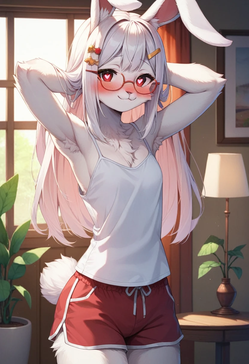 best quality,best resolution,(fluffy anthro furry :1.6),(young :1.6),snow leopard girl,yellow eyes,red hair, long hair,wavy hair,messy hair,(white fur),snow leopard tail,snow leopard ears,(black leopard printed),small breasts,naked,glasses,maid hairband,beautiful bathroom,looking at viewer,naughty face,heart eyes,heart expression eyes,upper body only,horny scream,plenty pussy juice