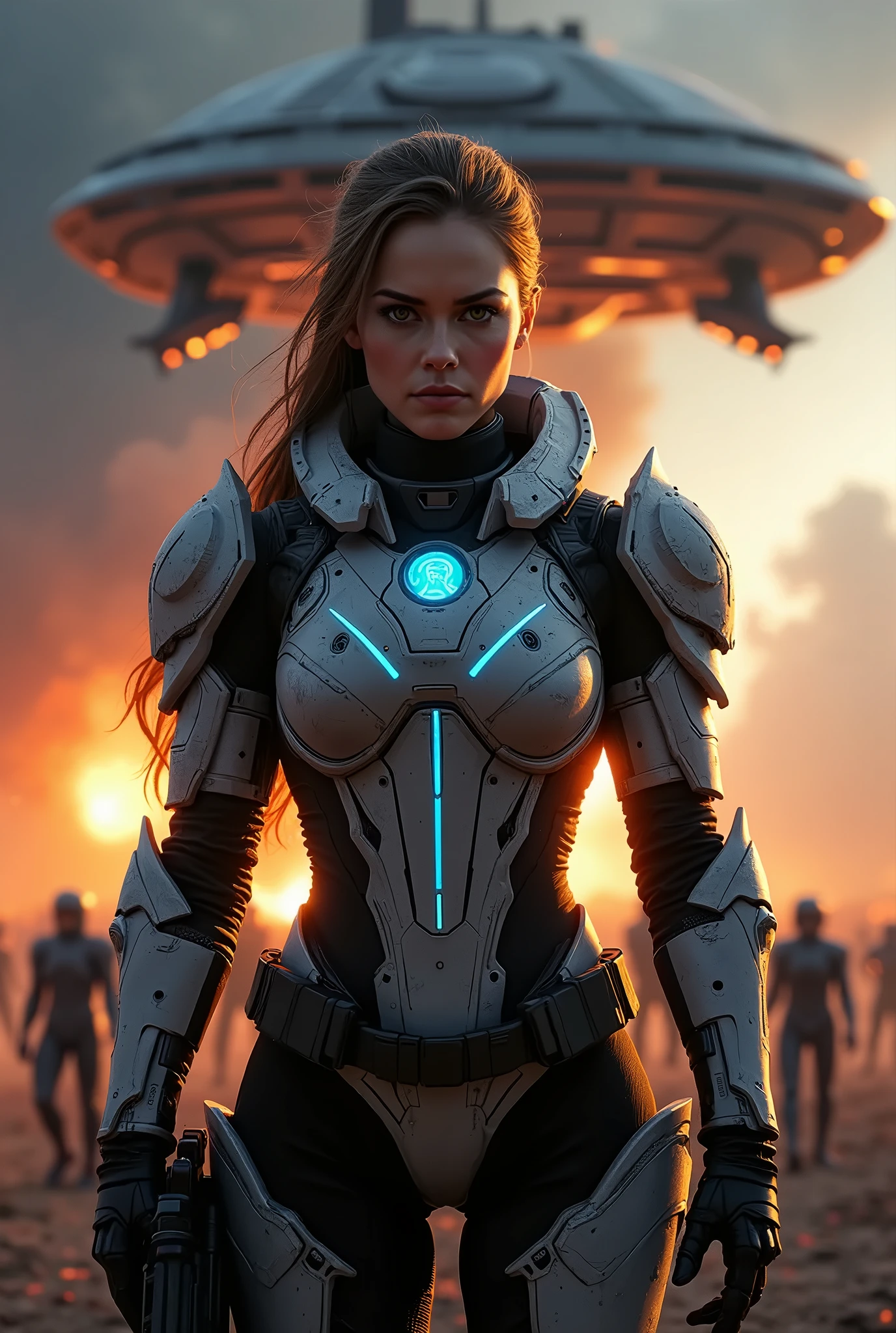 Post-apocalyptic warrior, women, in cybernetic armor, radiating infinite power, fighting galactic beings